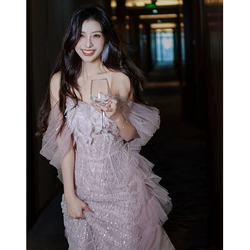 轻奢敬酒服新娘2025新款高级感粉色结婚订婚法式晚礼服一字肩小众