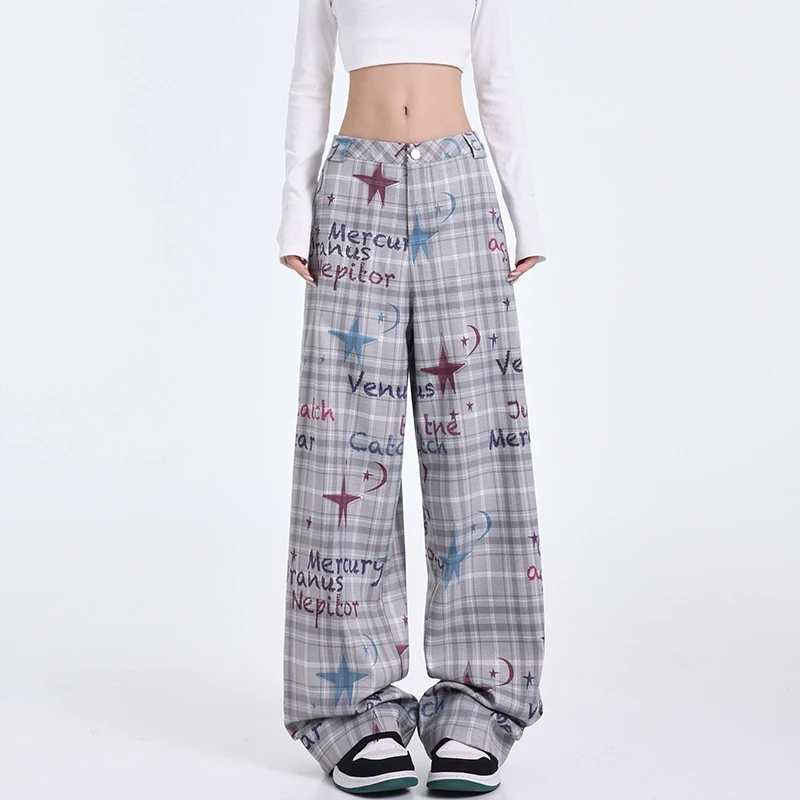 【五折福利】KEN STUDIO早秋美式彩绘涂鸦星星设计显瘦格子休闲裤女