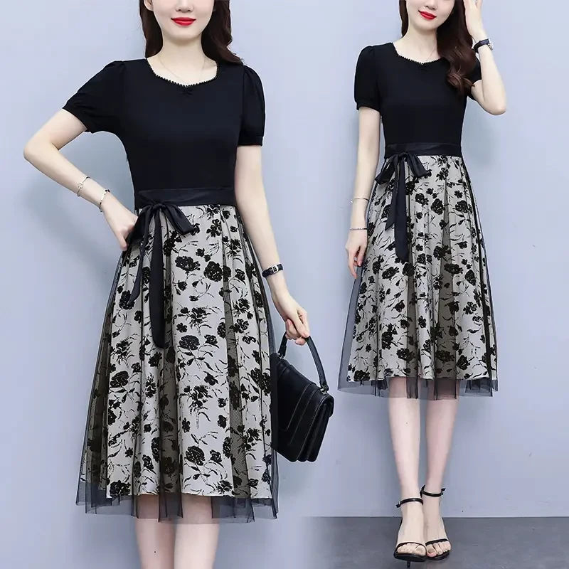 夏季新款网纱裙气质减龄洋气收腰显瘦拼接连衣裙女时尚百搭高腰裙