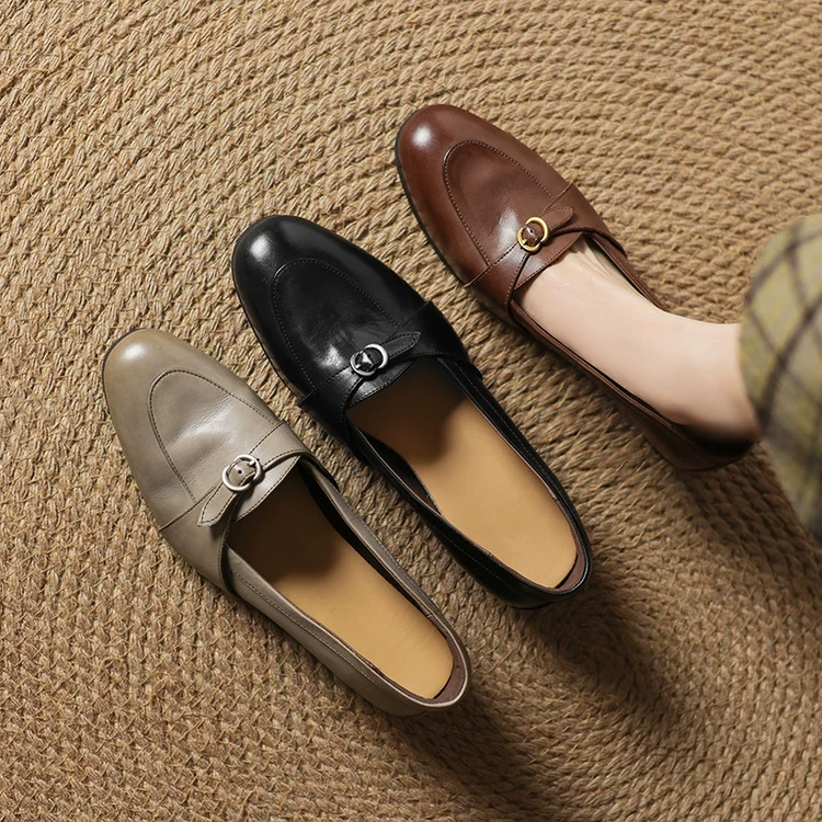 1cm低跟2025春季时尚新款中口圆头女单鞋青年粗跟乐福鞋豆豆鞋