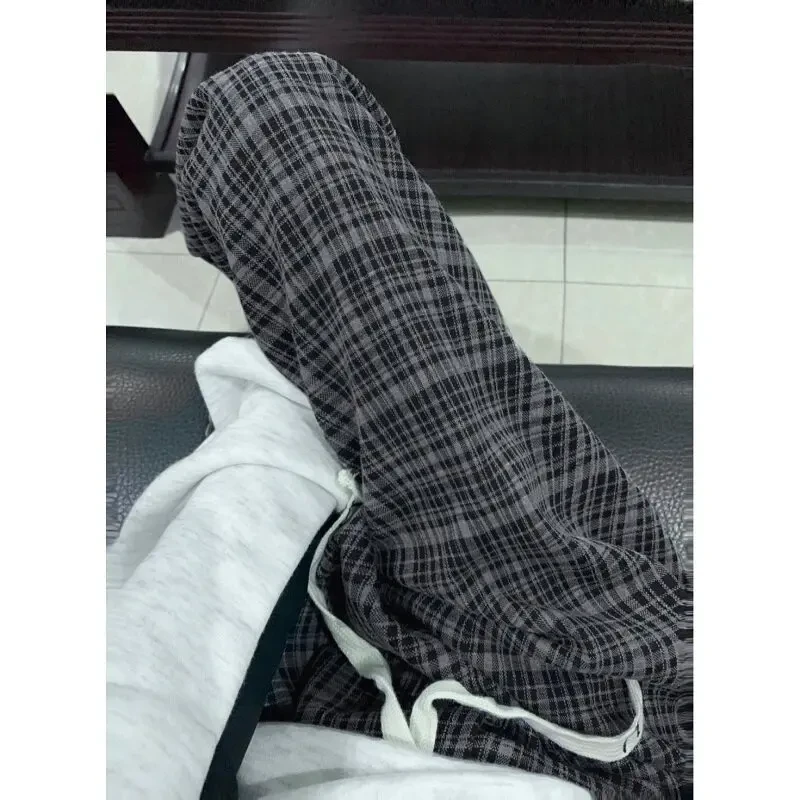 灰色细格子慵懒松弛感格子裤子男夏季薄款冰丝西裤阔腿垂感直筒裤