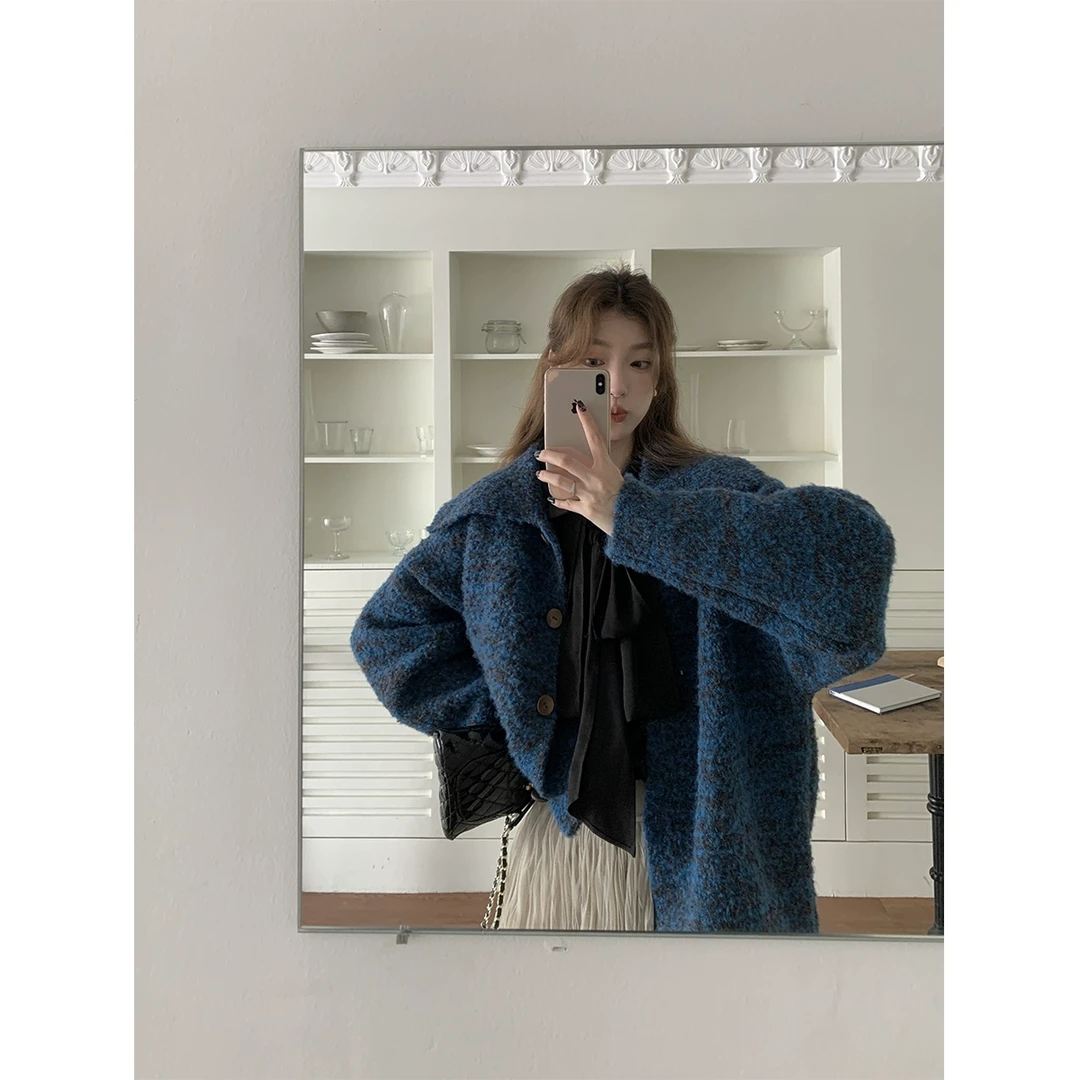 SourceWithU 混色孔雀蓝大翻领圈圈毛开衫女显白显瘦宽松厚实外套