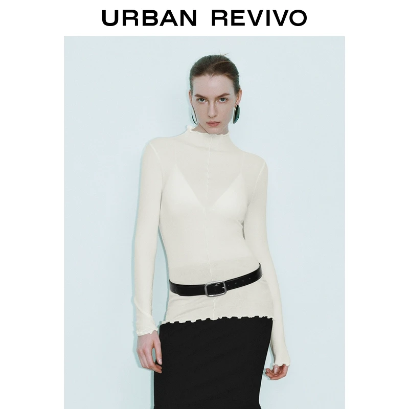 UR2025秋季新款女装时尚气质木耳边修身立领长袖T恤UWG450007