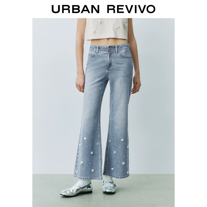 UR2025春季新款女装欧若风休闲立体花朵钉珠牛仔长裤UYU850023