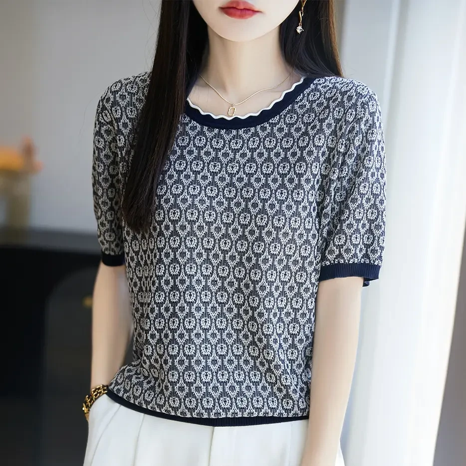 MMYS品牌时尚夏季新款针织衫T恤时尚圆领提花气质减龄百搭上衣