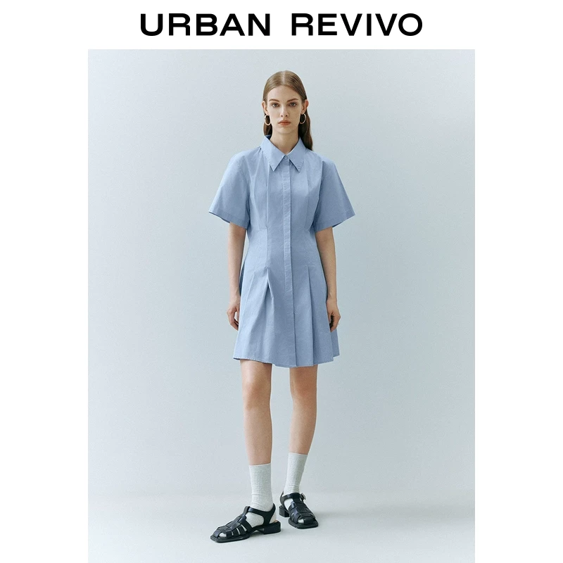 UR夏季新款女装通勤风压褶短袖棉质连衣裙UWU740075