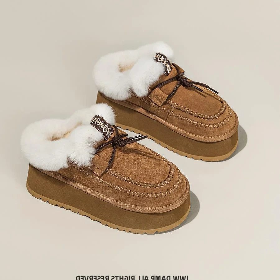 DR厚底增高个性系结半拖鞋女冬季加绒毛口及鞋子女ins潮牌百搭鞋