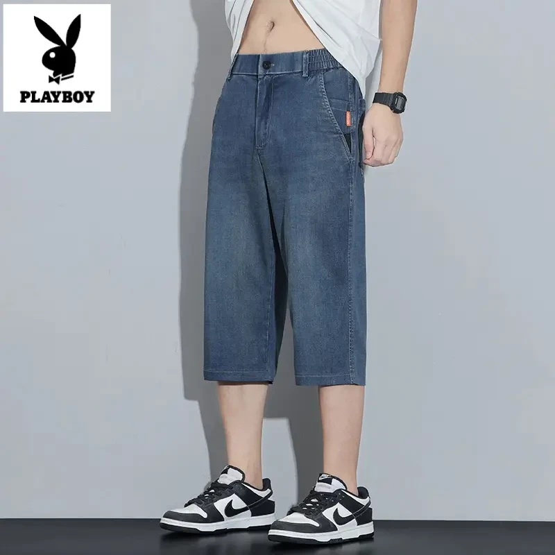 花花公子天丝七分牛仔短裤男士2025夏季薄款直筒阔腿冰丝中裤子男
