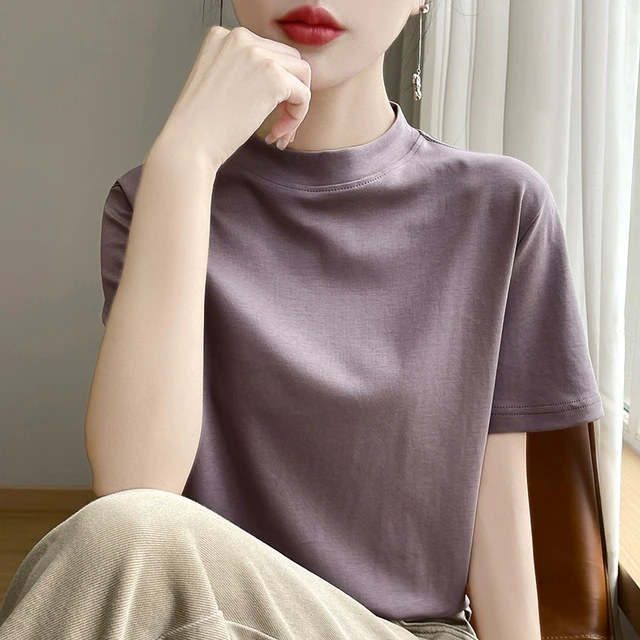 哥弟阿玛施正品牌夏季纯棉T恤女短袖小半高宽松中立领半袖洋气薄