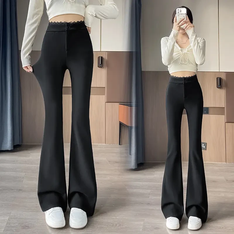 蕾丝西装喇叭裤女春夏2025新款小个子高腰修身垂感拖地弹力微喇裤