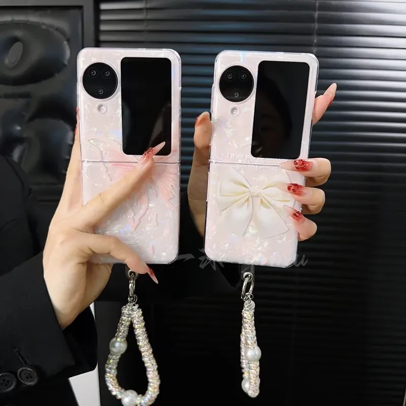 适用oppofindn3flip手机壳新款n3flip套白色蝴蝶结贝壳纹女款蝴蝶