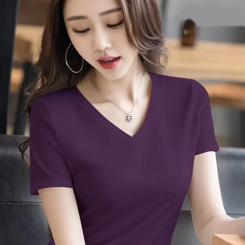 新款葡萄紫V领宽松短袖T恤正肩设计恤夏季百搭打底衫