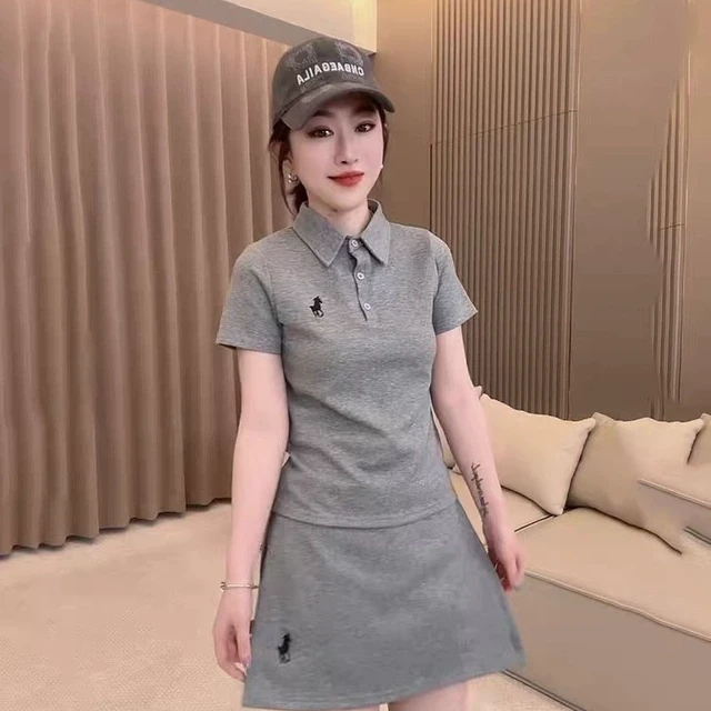 休闲运动套装女2025夏季新款时尚刺绣修身polo领短袖半身裙两件套