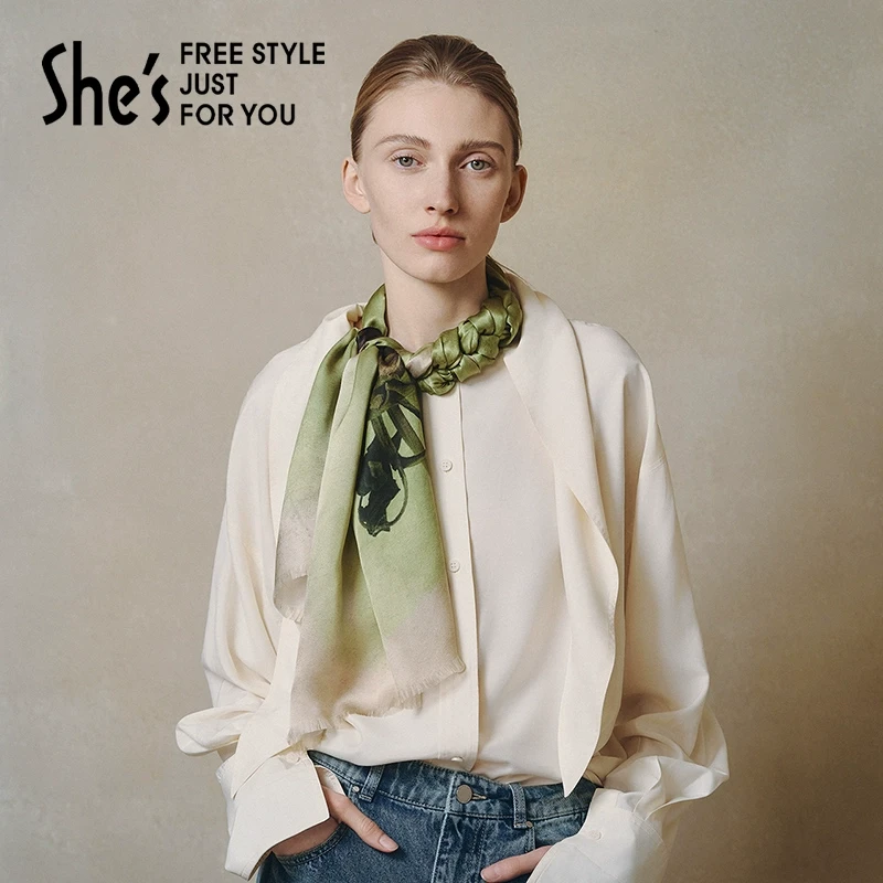 shes卢梭假日艺术花卉印花桑蚕丝窄边流苏轻柔长丝巾围巾披肩