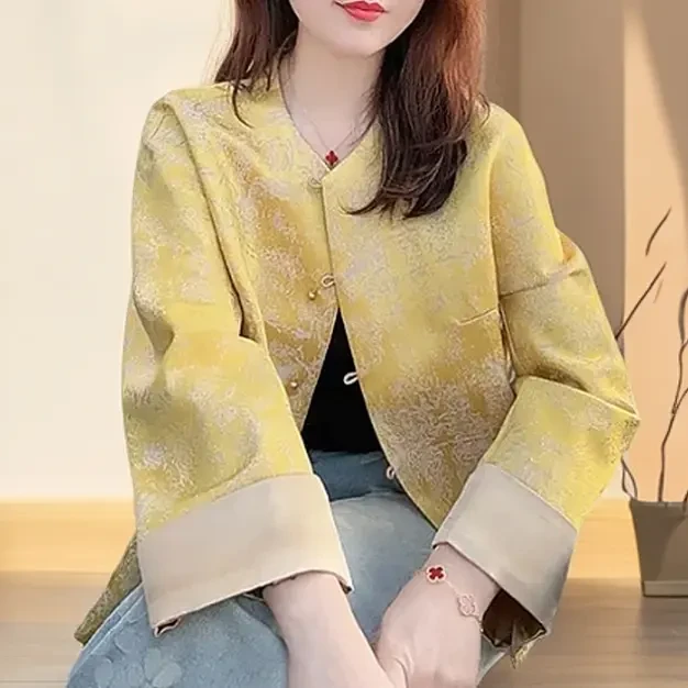 新中式女装外套2025年新款中国风高级感老钱风黄色提花中式外套