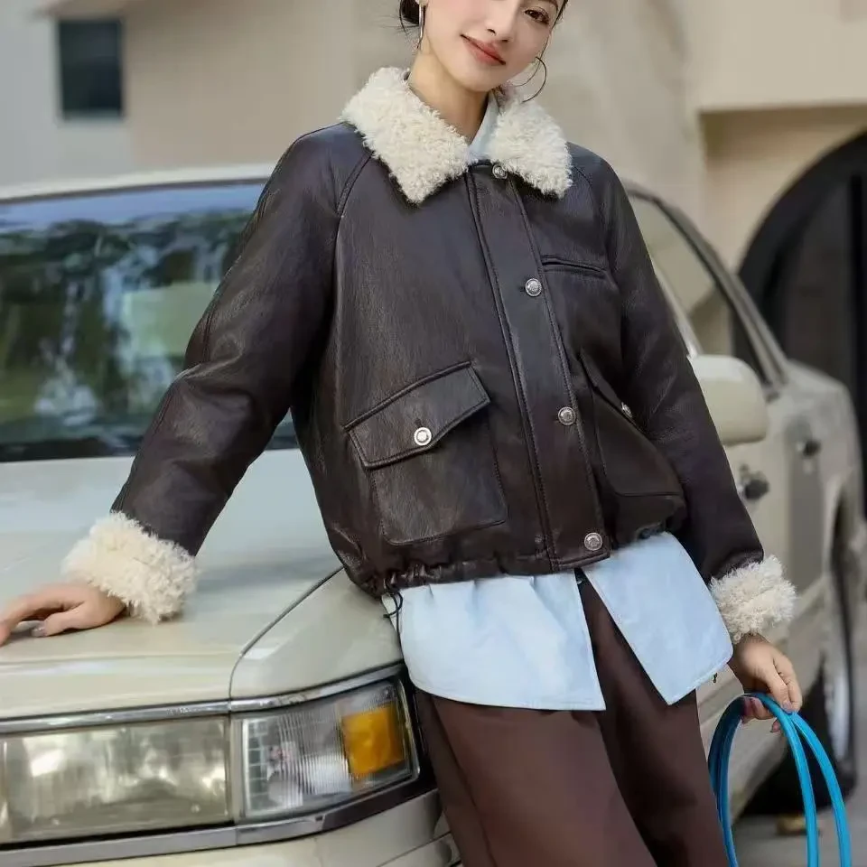 冬季新款韩版时尚百搭复古做旧羊卷毛拼接翻领皮