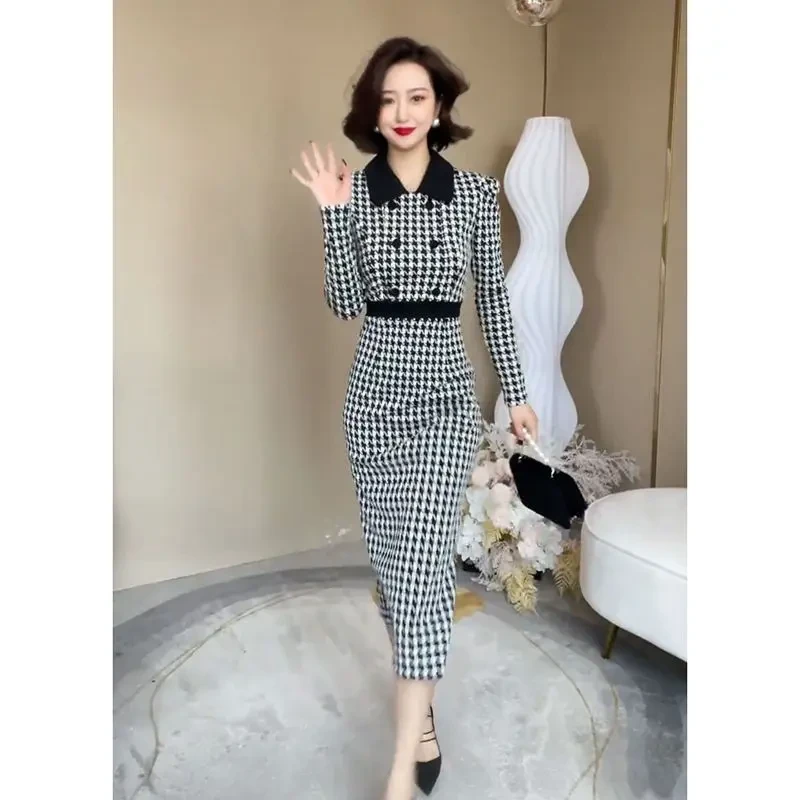 高档秋冬连衣裙2023新款韩版千鸟格高级感收腰显瘦打底内搭包臀裙
