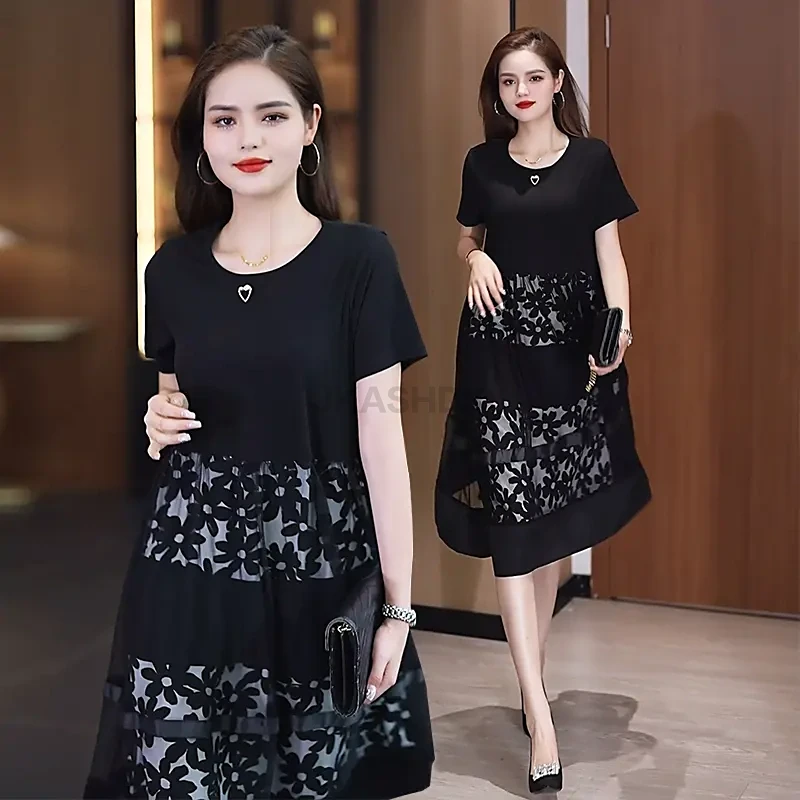 新款裙子宽松显瘦遮肚连衣裙妈妈款中老年气质洋气微胖妈妈装夏季