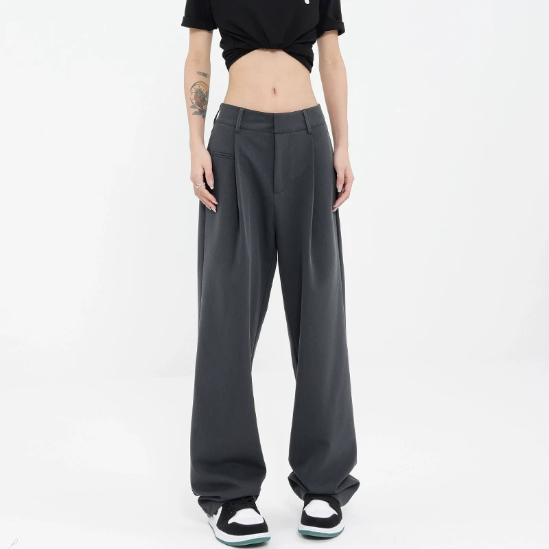 KEN STUDIO2025夏季新款灰色西装裤女垂感雅痞风直筒休闲西裤裤子