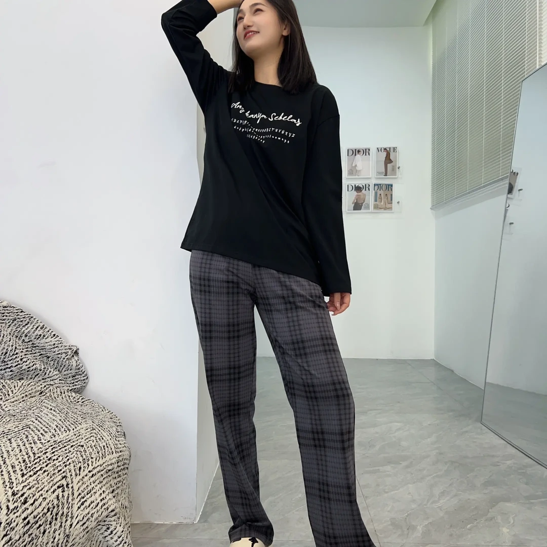 秋季情侣长袖格纹可外穿家居服套装3086