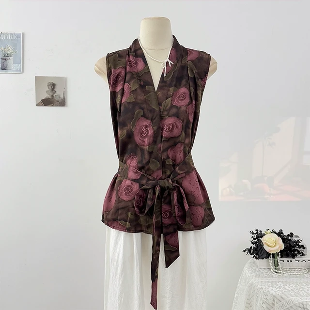 法式复古印花V领无袖衬衫女夏2025设计感宽松收腰系带遮肚子上衣