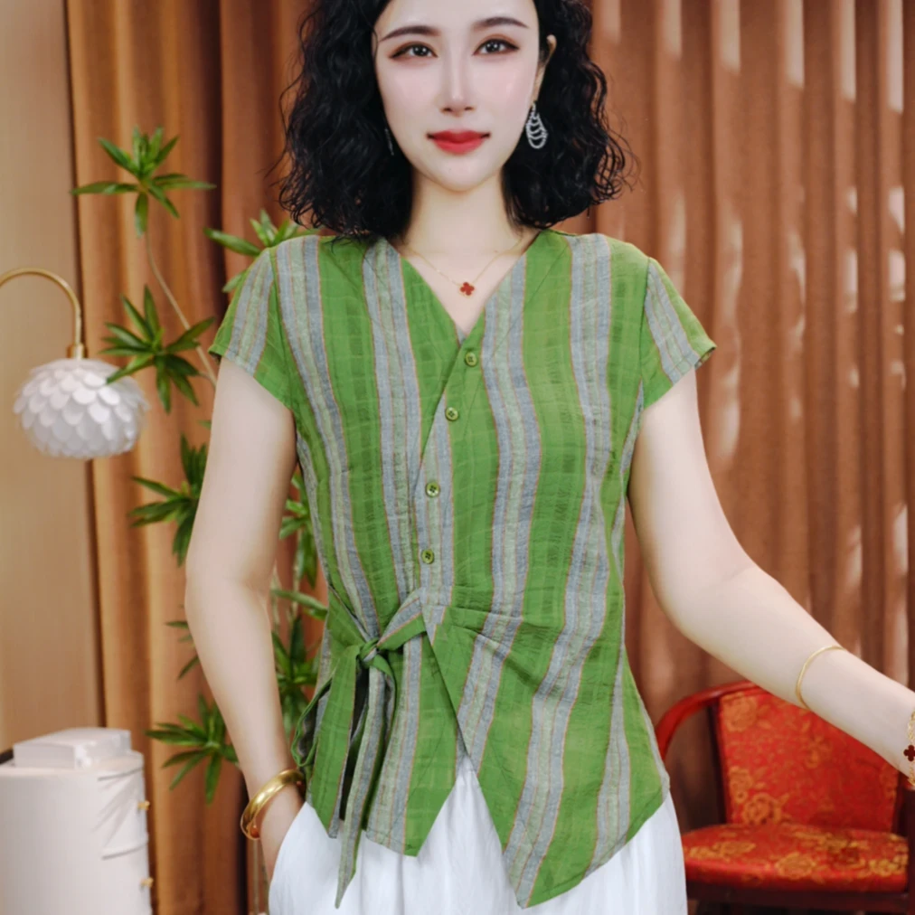 夏季新款休闲洋气短袖气质百搭V领显瘦开衫扣上衣小衫