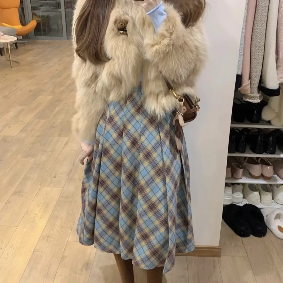 高品质复古高绿色高腰A字秋冬半身群，加厚外套，时尚小棉衣套装，