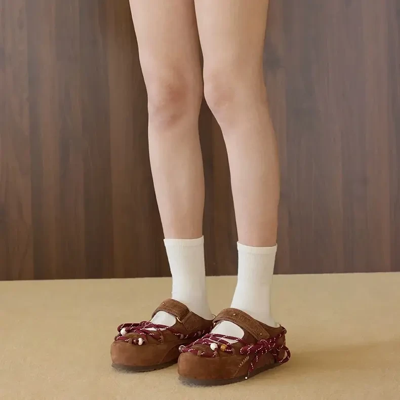 SufarSu绑带厚底面包拖鞋