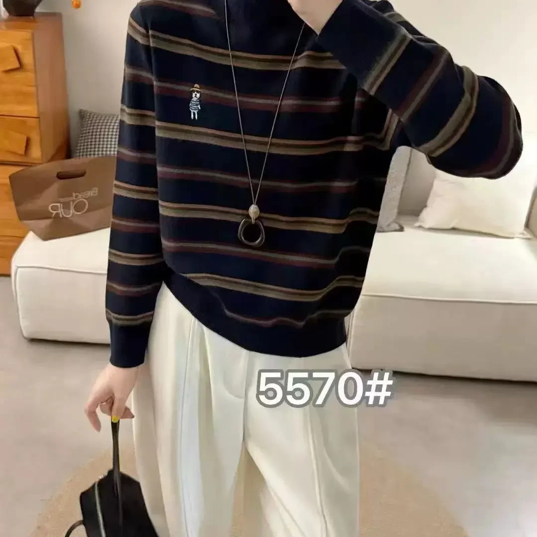 2025条纹半高领长袖针织衫女秋冬新款法式百搭显瘦撞色打底毛衣潮