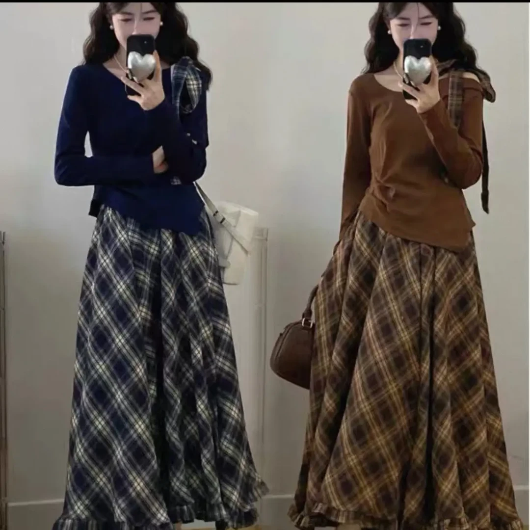 露肩蝴蝶结长袖上衣格子半身裙两件套女冬春秋时尚气质显瘦套装