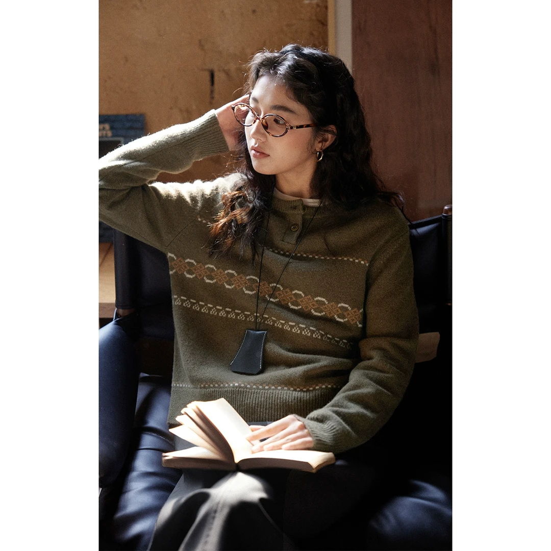 solighter法式全羊毛提花显瘦套头毛衣女秋冬5I0110M06X2