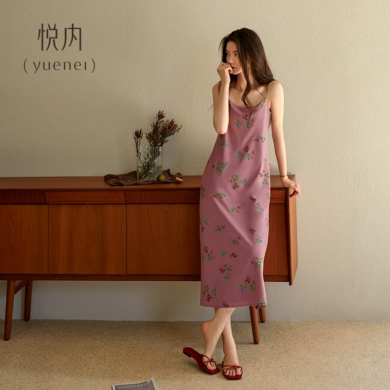 悦睡裙性感睡衣夏季夏天纯棉长款吊带粉色夏款长裙女士女款带胸垫