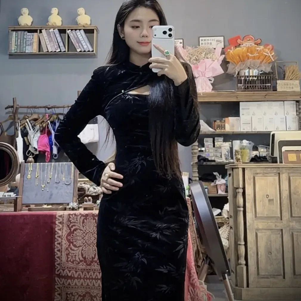 妍妍家改良丝绒旗袍连衣裙