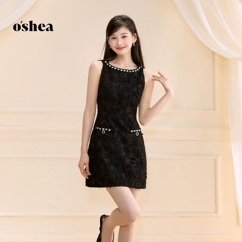 oshea法式小香千金风连衣裙女2025新款夏季无袖背心a字短裙小黑裙
