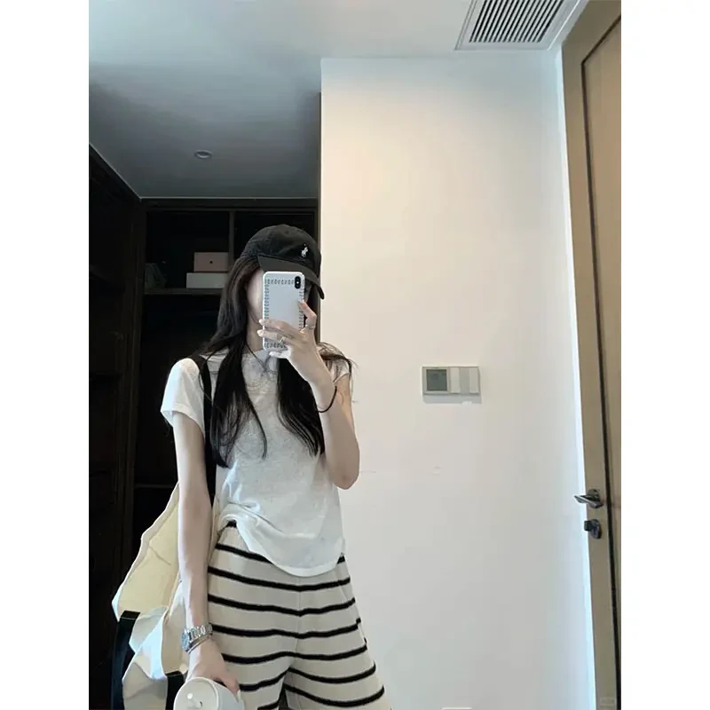 洋气休闲装简约圆领短款上衣女显瘦百搭高腰垂感条纹阔腿裤套装