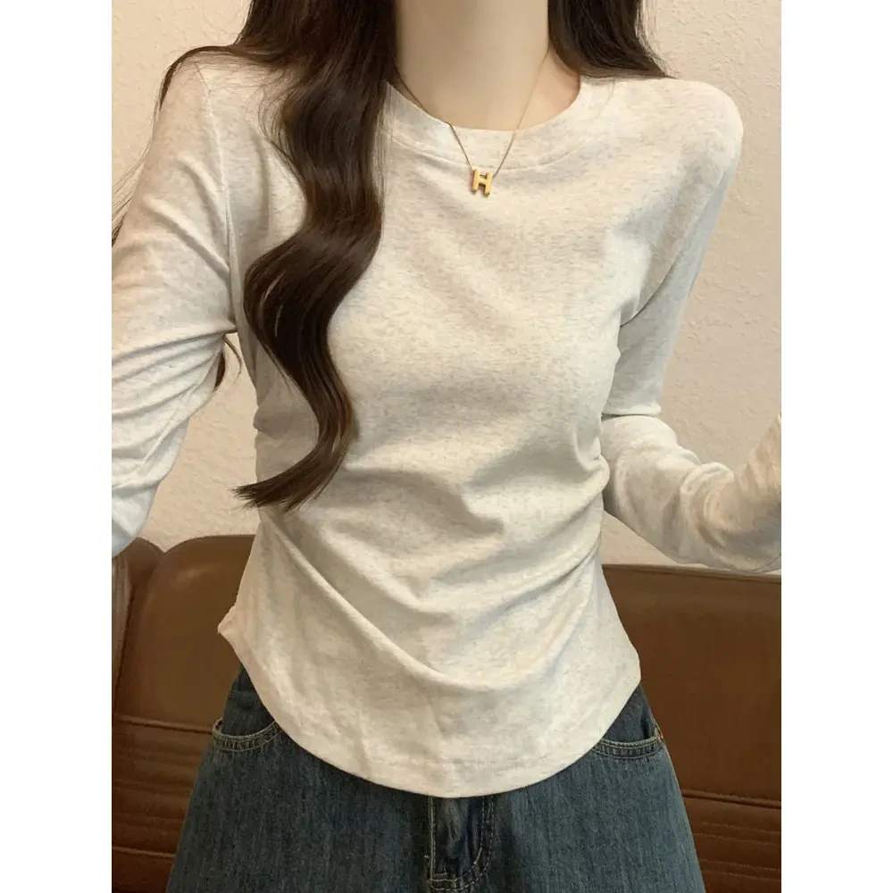 【现货+运费险补贴】复古正肩长袖T恤女早秋新款设计感显瘦圆领打底