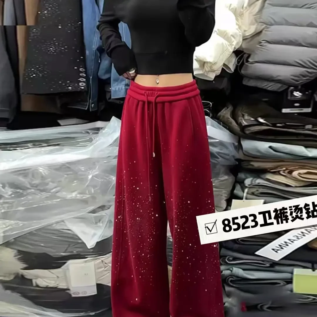 春款烫钻加绒休闲阔腿长裤时尚百搭