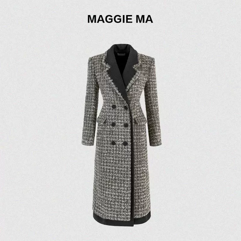 MAGGIE MA马婧设计师款灰黑拼接优雅气质修身立裁大衣800C