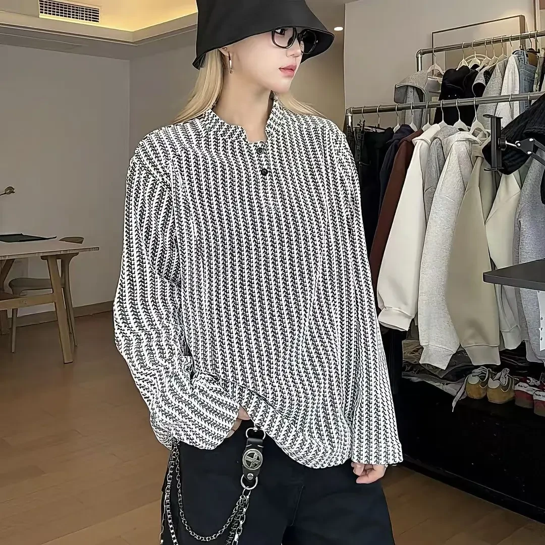 【高低长恭】早秋季鱼骨纹卫衣2025新款百搭纽扣长袖t恤黑白打底衫