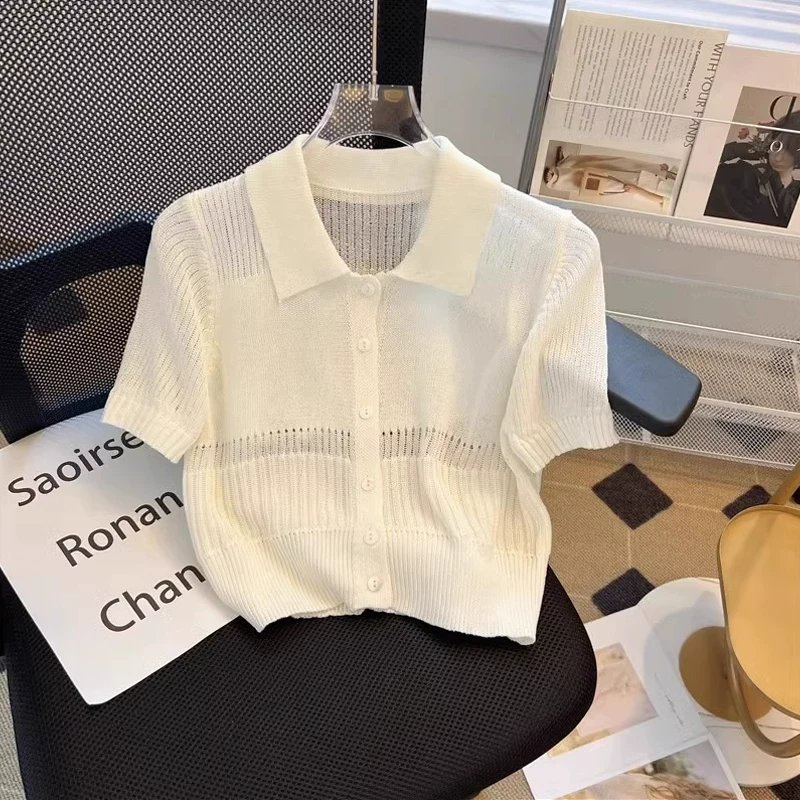 polo衫翻领白色短袖t恤女2025新款夏季冰丝针织修身镂空短款上衣