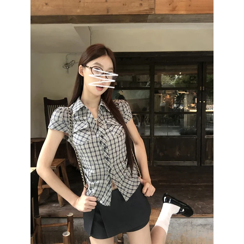 夏季美式复古别致短袖学院风韩系收腰显瘦格纹衬衫