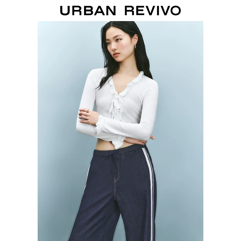 UR2025秋季新款女装法式荷叶边系带V领长袖T恤UYY450018