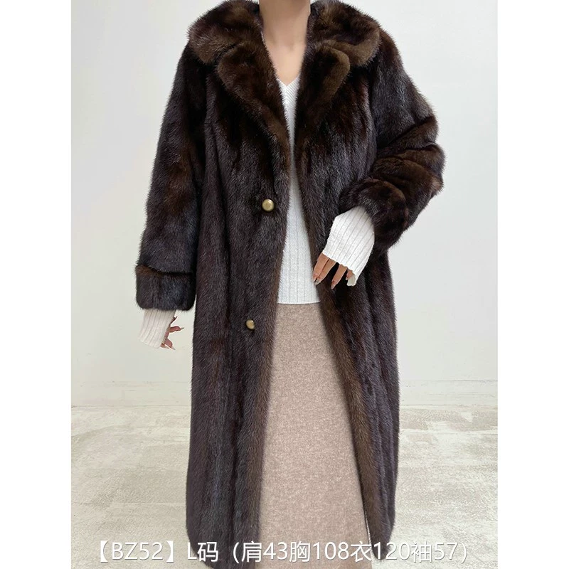【BZ52】L码 老茶棕全抽超长款貂皮大衣皮草外套 翻领挽袖