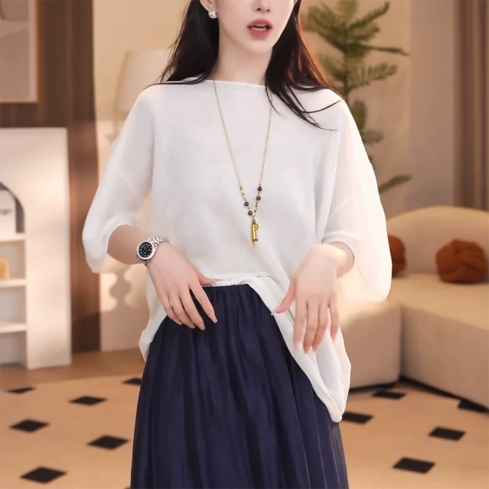 女士时尚休闲白色t恤夏季2025新款宽松显瘦减龄遮肉薄款短袖上衣