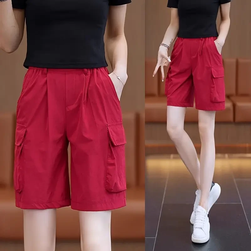 美式工装短裤女夏季薄款2025新款高腰阔腿五分裤冰丝速干运动裤子