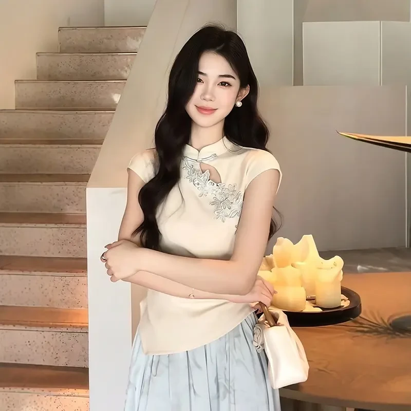 新中式国风刺绣盘扣无袖背心女春夏小个子镂空不规则复古气质上衣