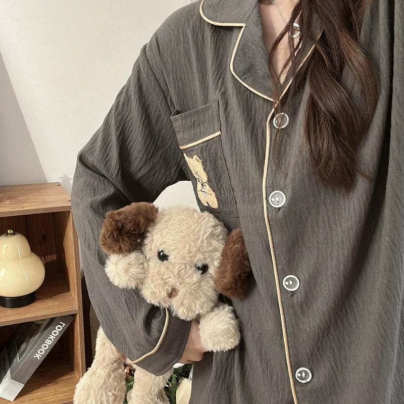 2025年春秋季新款甜美棕色小浣熊长袖睡衣女款长裤宽松外穿家居服