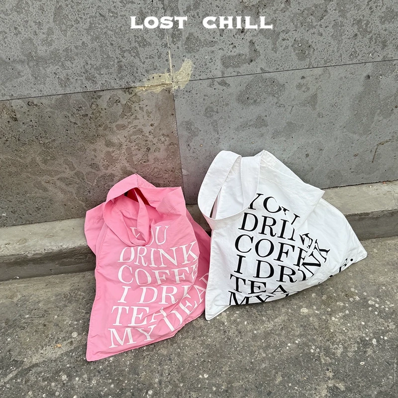 Lost Chill-春夏薄款大容量字母单肩包简约通勤白色粉色帆布包
