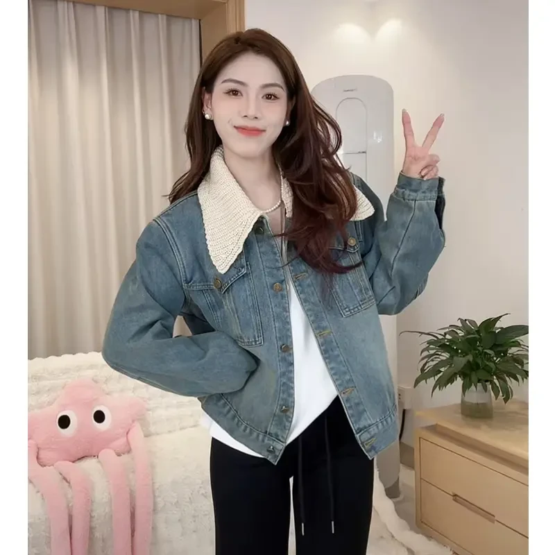 设计感拼接假两件牛仔外套女冬季新款加绒韩版百搭棉服上衣n2025#