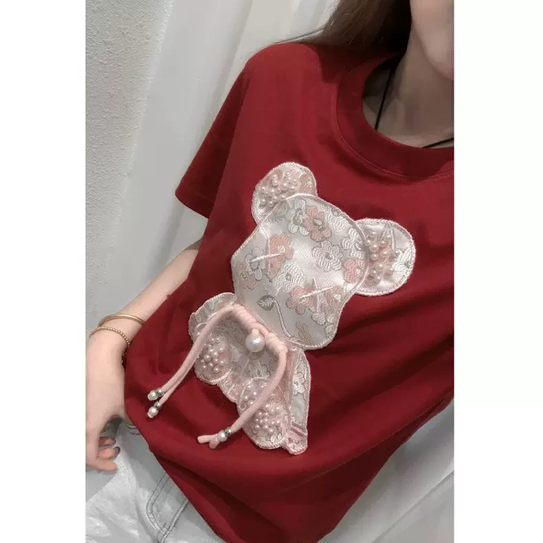 珍珠新中式国潮刺绣100%纯棉正肩短袖t恤女士中国风上衣2025新款